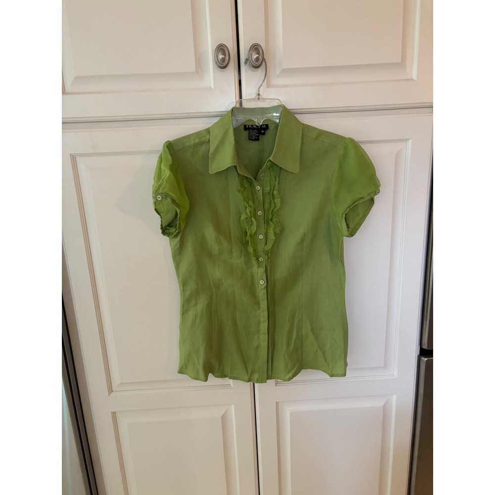 Tracy M. Lime Green 100% Linen Ruffle Button Down Blouse Short Sleeve Womens M